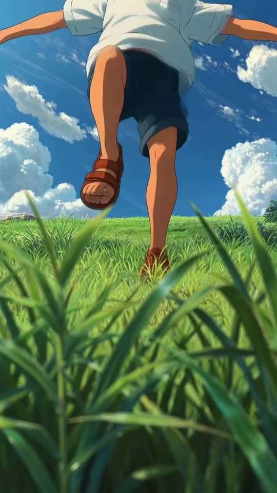An anime kid running through tall grass