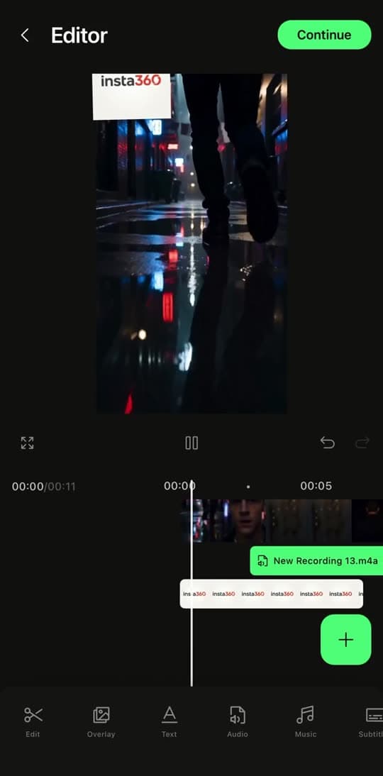 The Bunsy timeline editor: clips, a voice recording and captions on the timeline