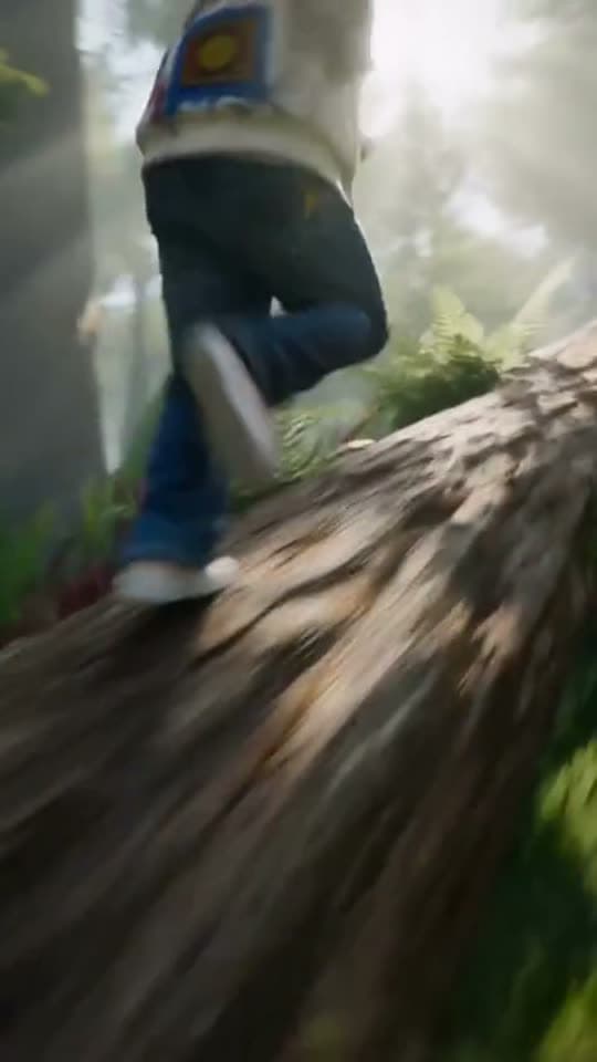Running over a fallen tree in a forest
