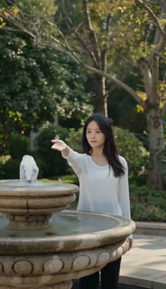 A woman reaching towards a park fountain