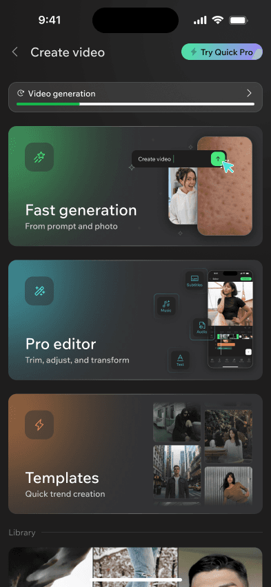 Generate: A prompt or a photo, any model in the catalogue — plus talking avatars, lip sync and dubbing with a voice you preview first.